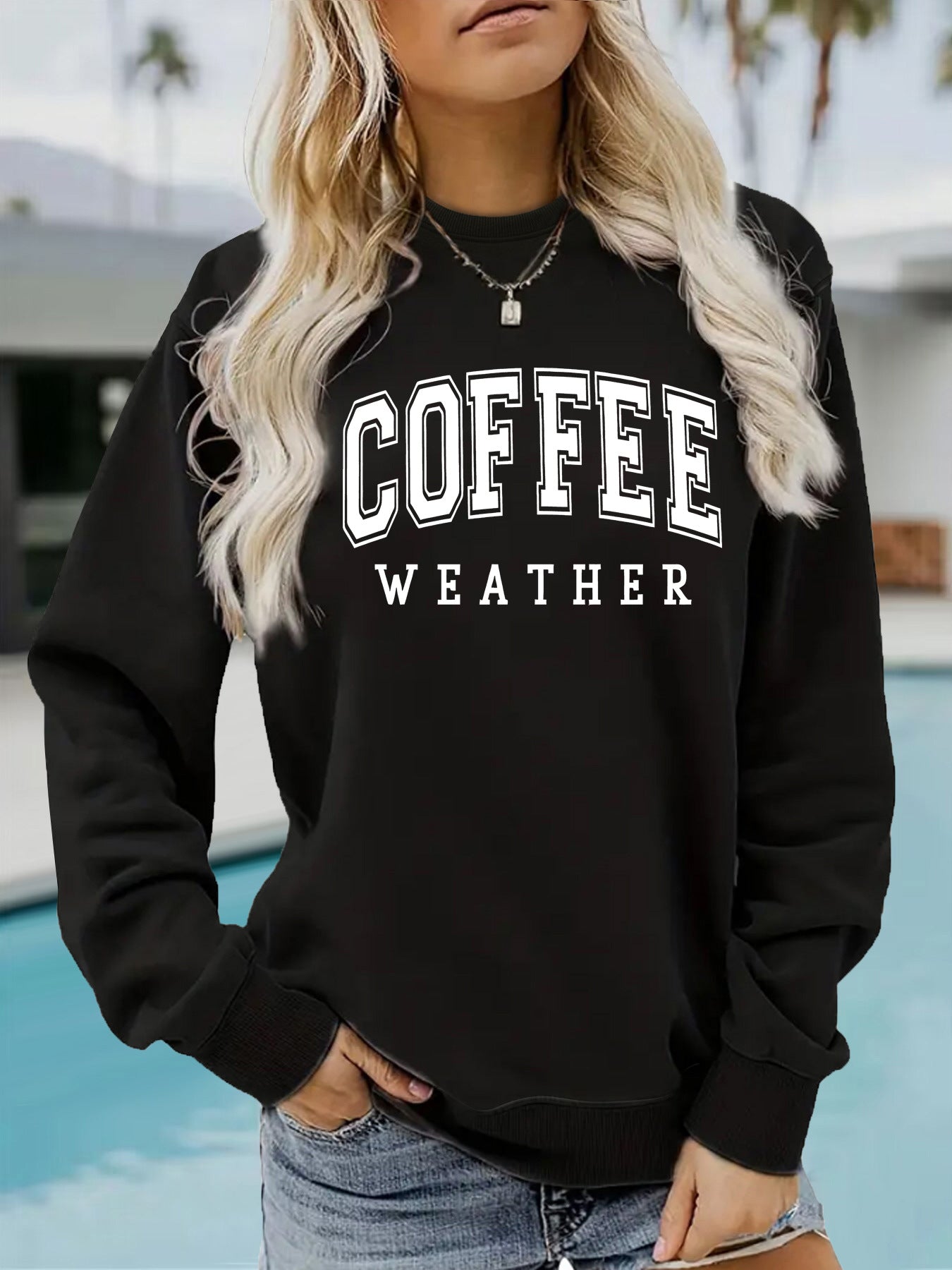 Round neck COFFEE printed pullover sweatshirt sweatshirt