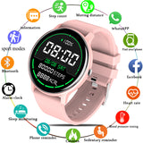 Pink round smart watch with digital time, steps and calorie display, silicone strap