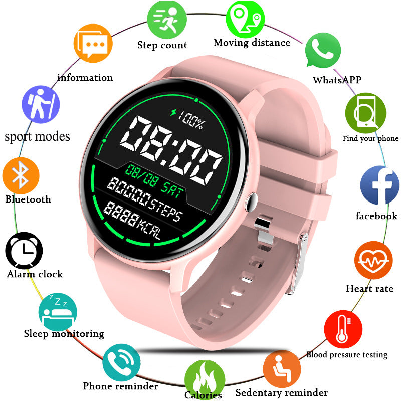 Pink round smart watch with digital time, steps and calorie display, silicone strap