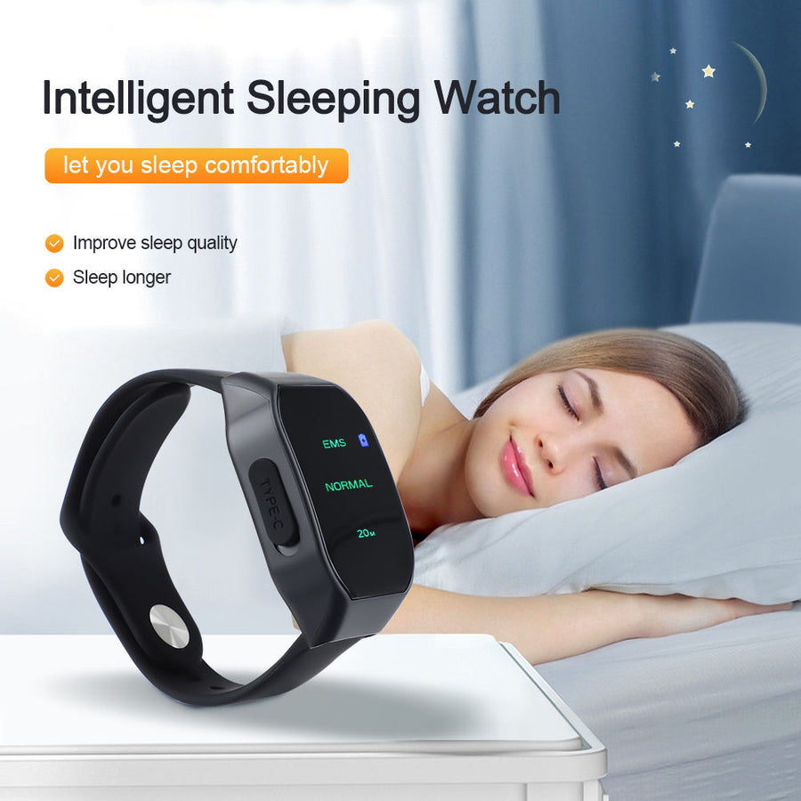 Black hand-worn microcurrent device with a rectangular digital display and silicone strap