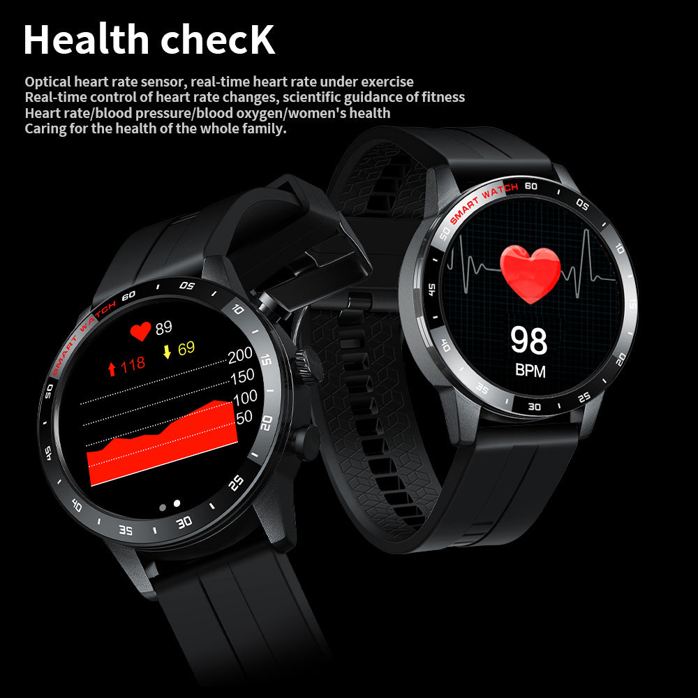 Two black smartwatches with silicone bands, promotional graphic showing heart rate tracking screens