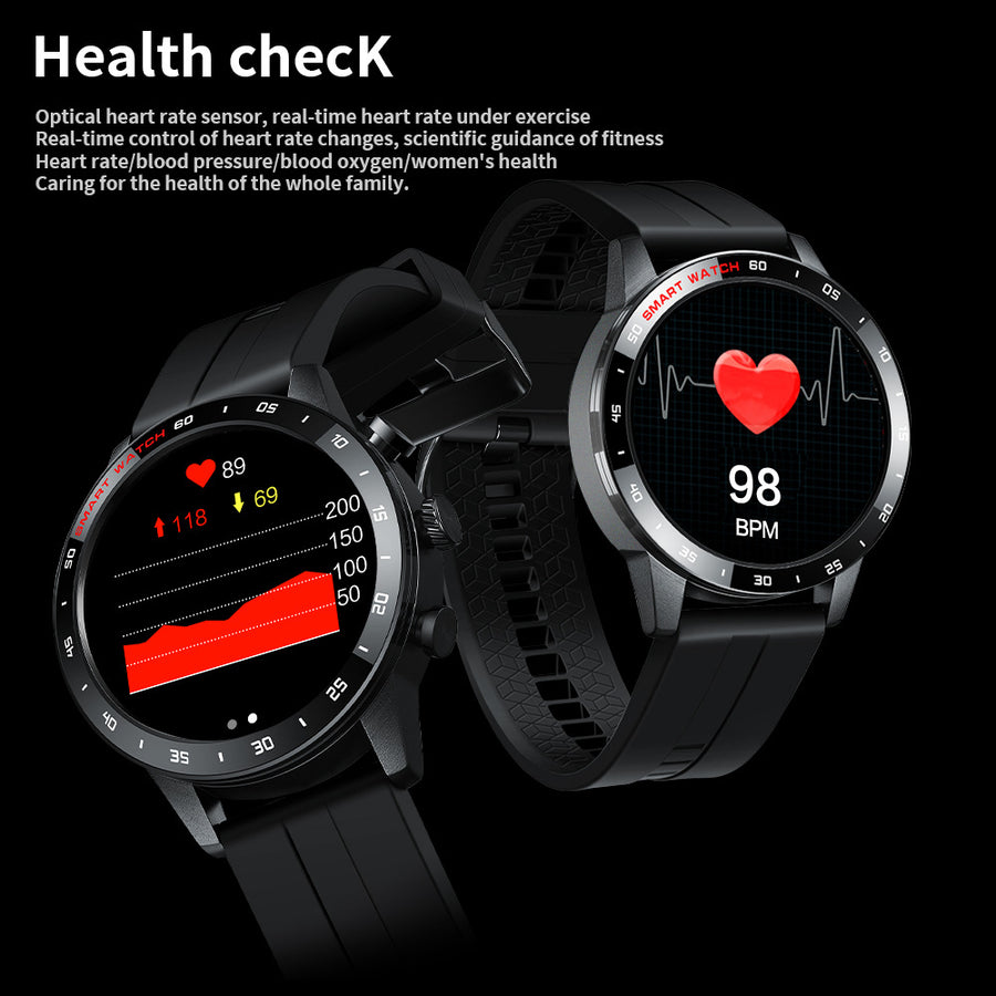 Two black smartwatches with silicone bands, promotional graphic showing heart rate tracking screens