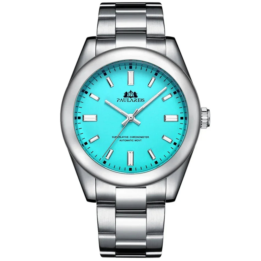 Silver automatic watch with a sky blue dial, applied steel indices, and a steel bracelet