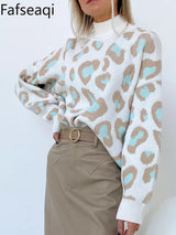 Winter Women's Sweater Leopard Print Animal Basic Thick Turtleneck Oversize Jumper Sotf Warm Knitted Sweaters for Womens