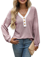 V-neck button top long sleeved color blocked T-shirt