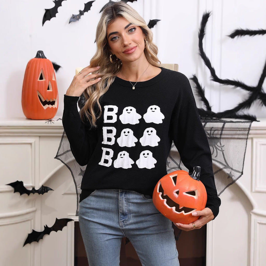 Halloween embroidery casual round neck long sleeved top with Halloween elements