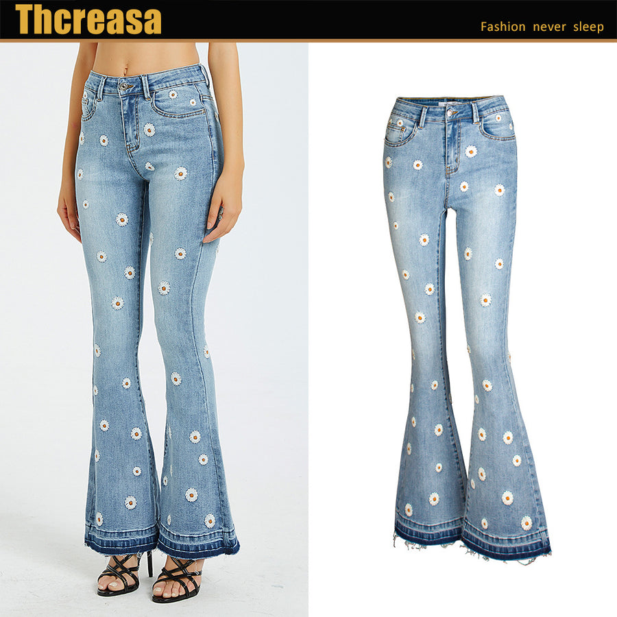 Ladies Denim Wide Leg Pants Embroidered Flared Daisy Jeans Ladies Denim Wide Leg Pants