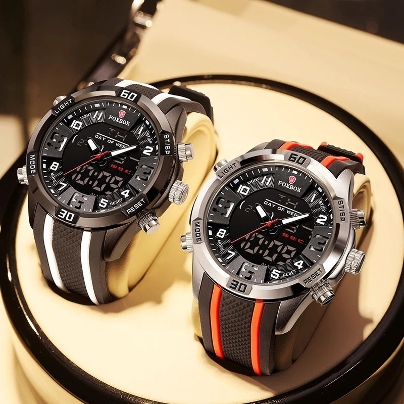Black rugged dual-display sports watch with digital sub-screens, black silicone strap