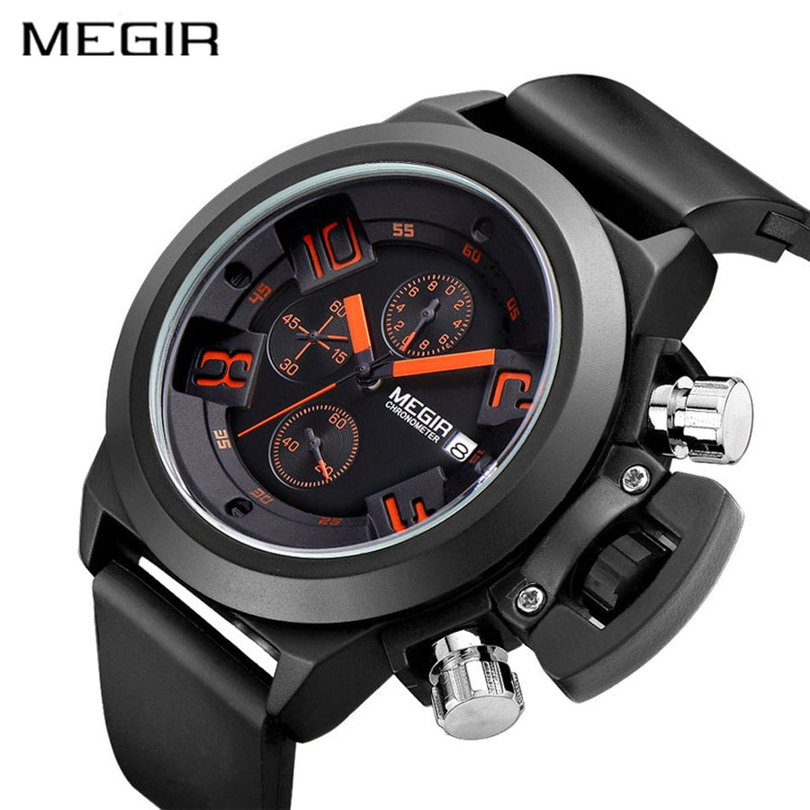 MEGIR black quartz watch with orange accents and black silicone strap