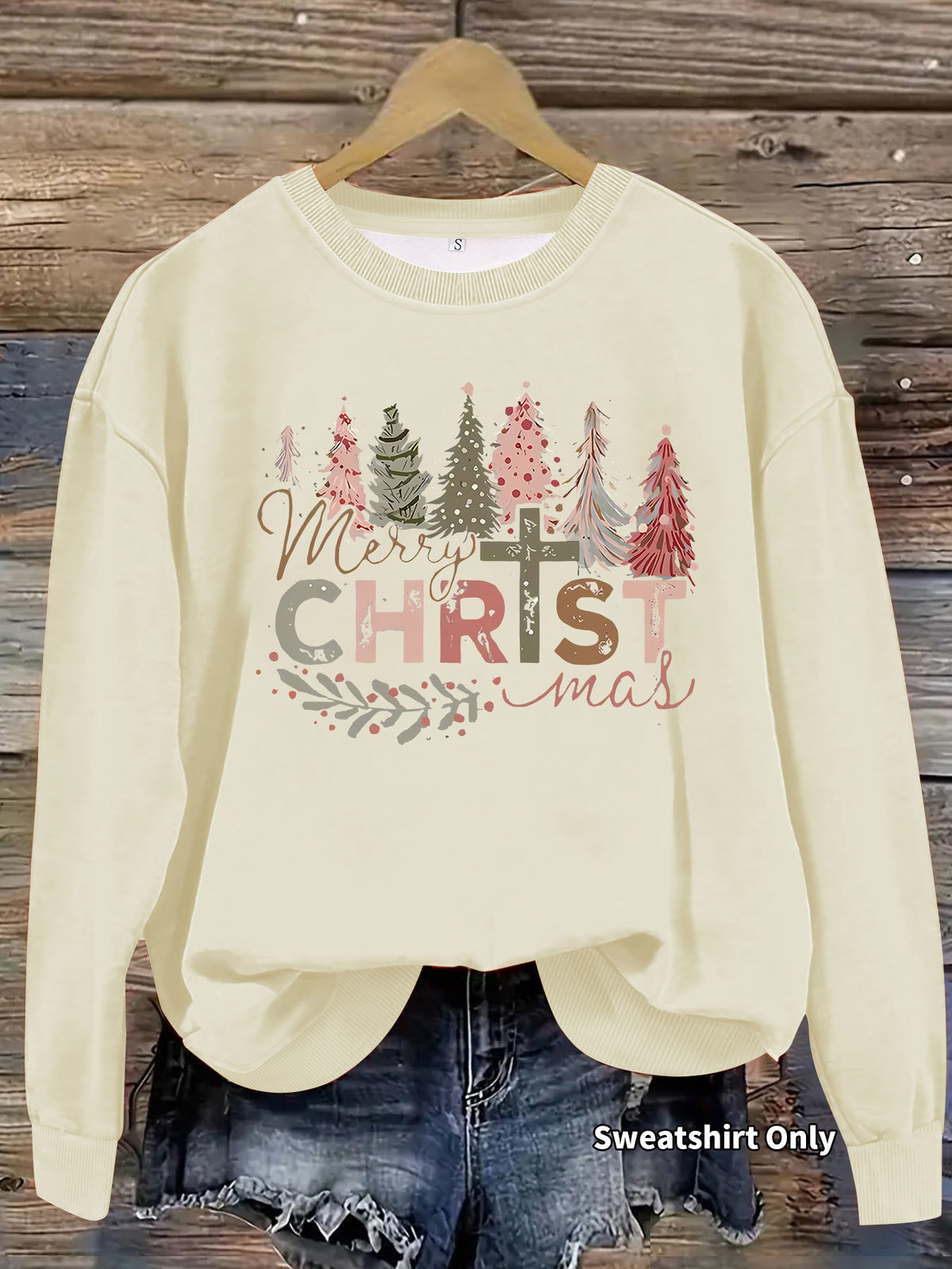 Merry CHRISTmas Trees Sweatshirt, Faith Christmas Graphic Crewneck Pullover