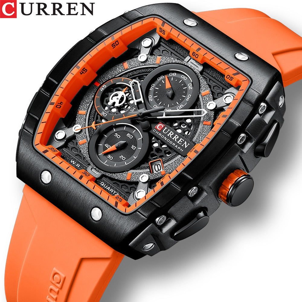 CURREN 8442 chronograph watch with orange silicone band and black tonneau case, front view