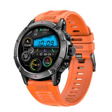 G-WEAR branded smartwatch with orange silicone band and gunmetal case, digital display showing steps and heart rate