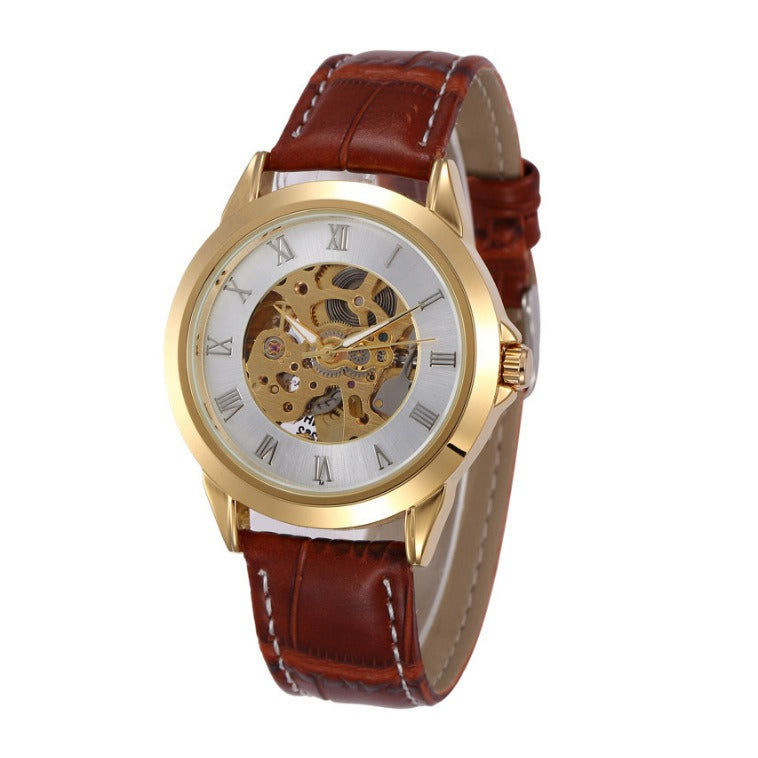 SHENHUA skeleton automatic watch with antique bronze case and brown leather strap, front view
