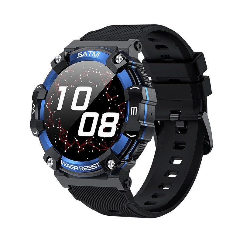 Black rugged smartwatch with a constellation style display and a black silicone strap