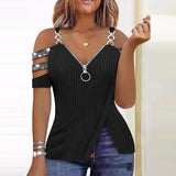 Womens European and American Metal Chain Zipper V Neck Shirt With Ship Anchor Pattern Printed Zipper T Shirt