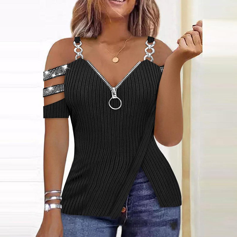 Womens European and American Metal Chain Zipper V Neck Shirt With Ship Anchor Pattern Printed Zipper T Shirt