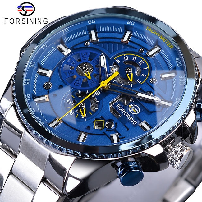 Forsining blue-dial automatic watch with three sub-dials, stainless steel bracelet