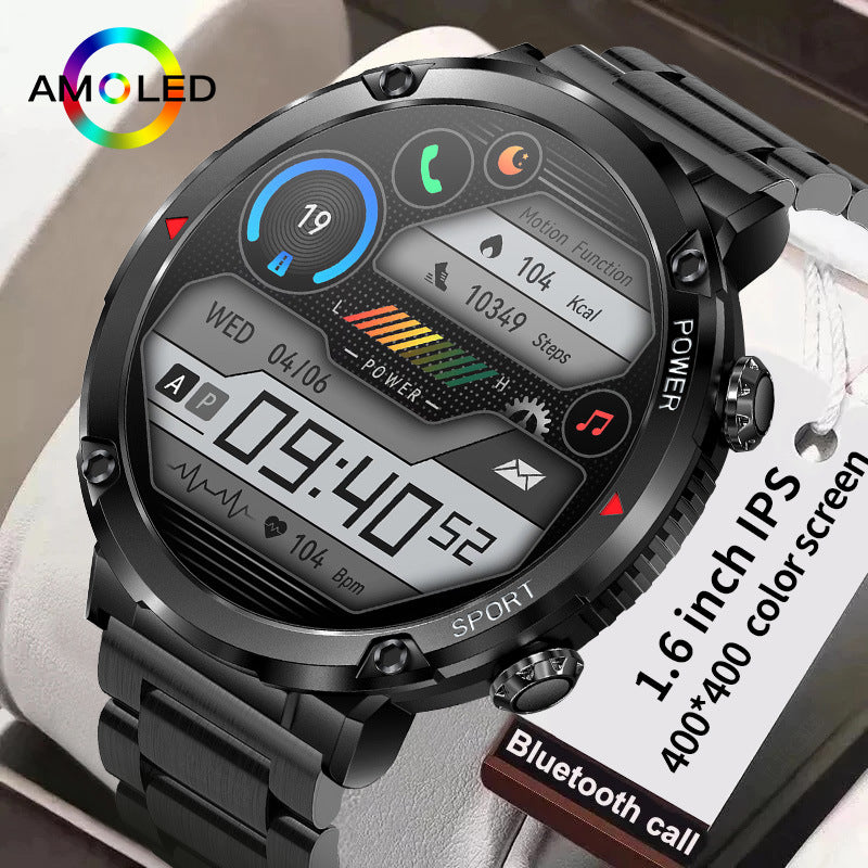 Black smartwatch with an olive green silicone band, chronograph-style face showing steps and heart rate