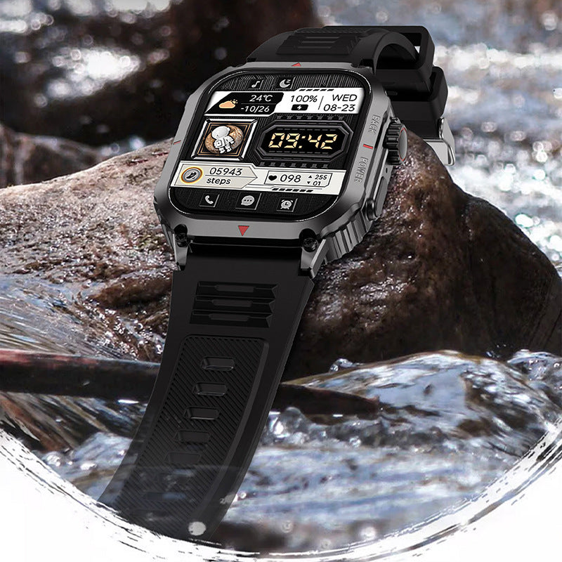 Black rectangular smart watch with a silver bezel and teal digital display showing steps, heart rate, and time.