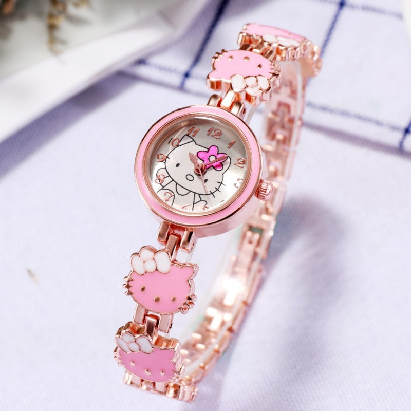 Two rose gold bracelet watches with cartoon cat character dials, white and red link bands