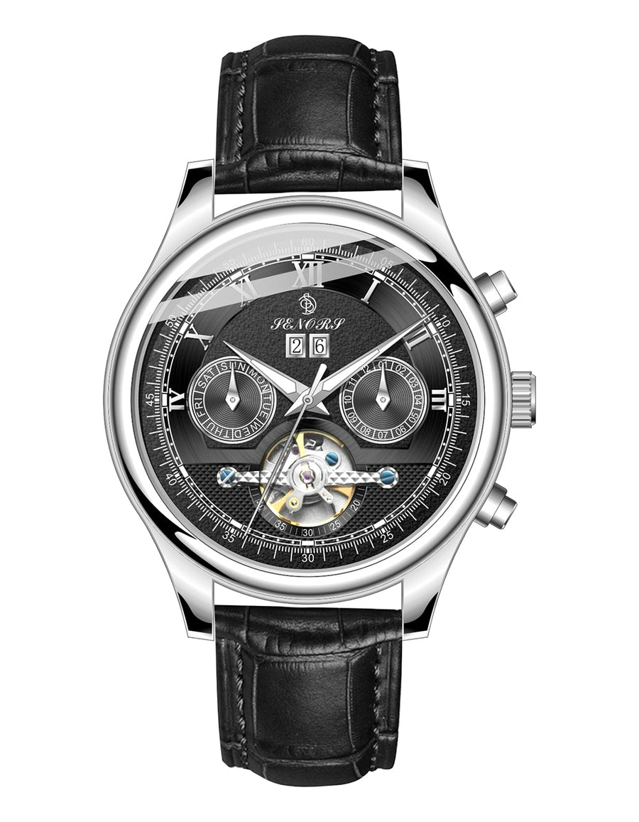 Rose gold automatic watch with blue dial, exposed movement window, brown leather strap