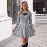 Solid Gray Long Sleeve Textured Knit Slim Fit Dress