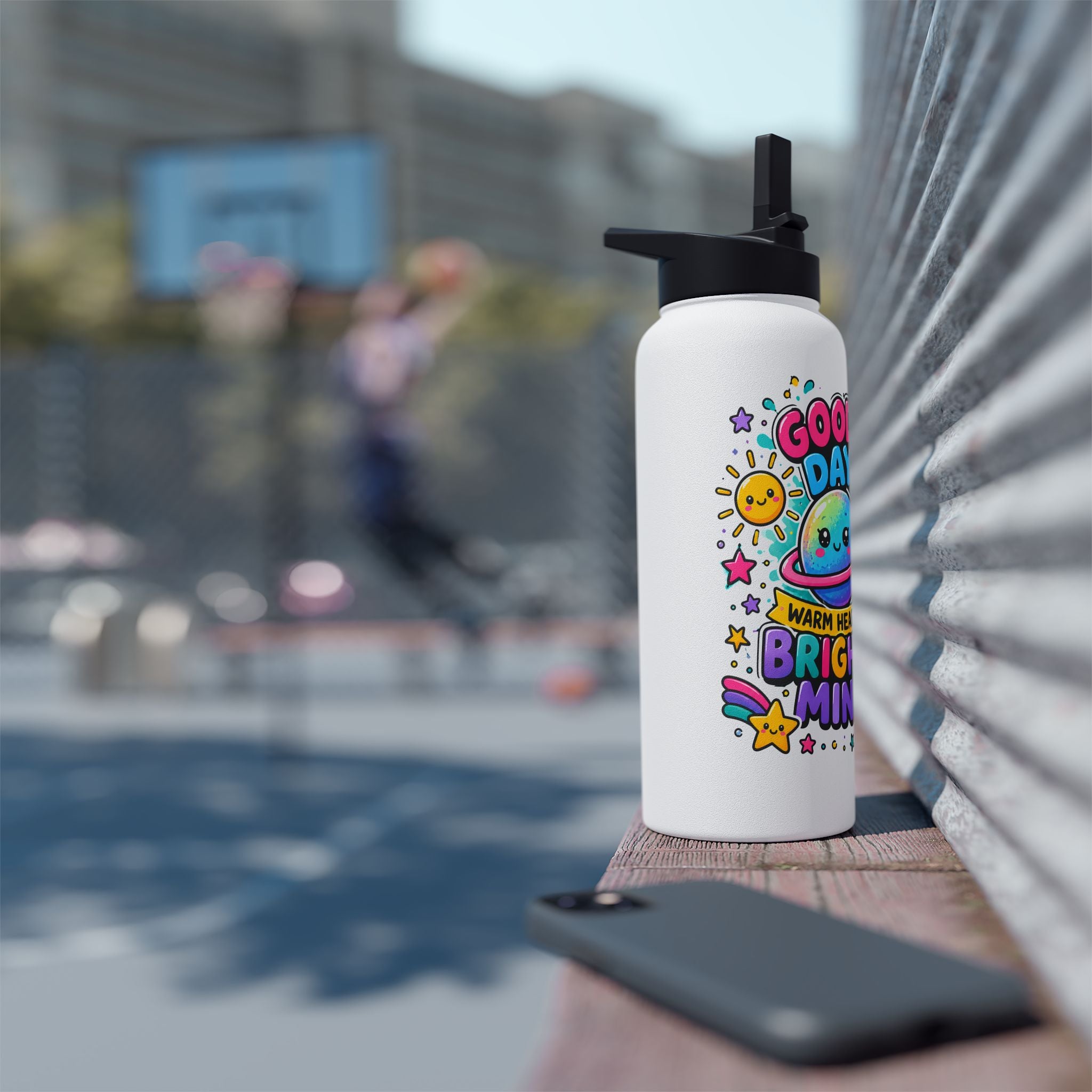 Cute Stainless Steel Water Bottle for Kids, Good Days Drink Bottle, Kawaii Space School Bottle, Positive Gift, Colorful Kids Drinkware