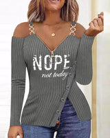 Womens European and American Metal Chain Zipper V Neck Shirt With Ship Anchor Pattern Printed Zipper T Shirt