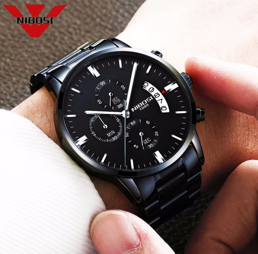 NIBOSI black chronograph watch with stainless steel bracelet