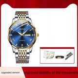 OLEVS automatic watch with a blue dial, Roman numeral markers and a two-tone silver and gold bracelet