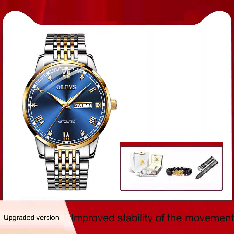OLEVS automatic watch with a blue dial, Roman numeral markers and a two-tone silver and gold bracelet
