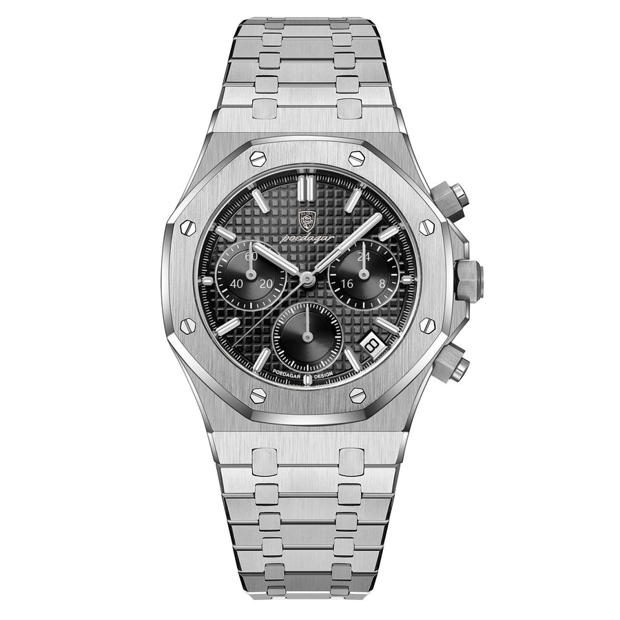Silver stainless steel chronograph watch with an octagonal bezel, black textured dial, three subdials, and a matching steel bracelet.