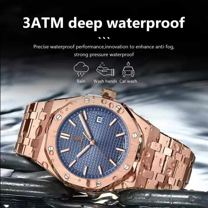 Rose gold-tone watch with a blue textured dial, octagonal bezel, shown with water droplets on the case