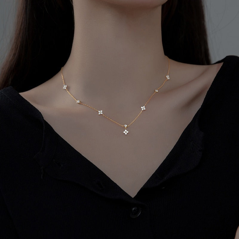 S925 Silver Summer Temperament Diamond Four Leaf Flower Necklace Retro Korean Female Clavicle Chain