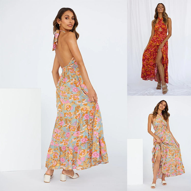 European and American Spring and Summer New Womens Sexy Strap Hanging Neck Split Print Holiday Dress