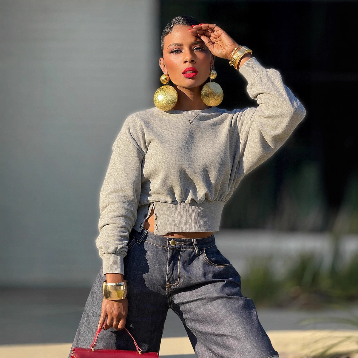 Short Crop Sweatshirt with Side Buttons, Waist Cinching, Round Neck