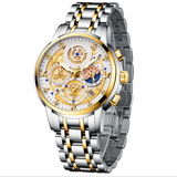 Ornate gold and silver skeleton watch with hollow-carved dial, stainless steel bracelet