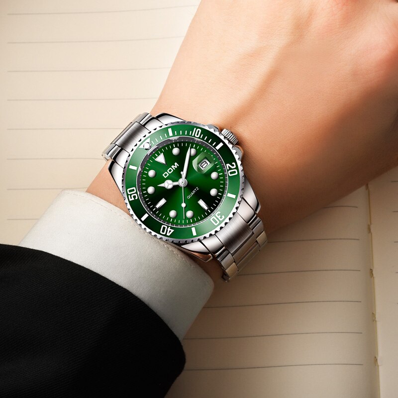 DOM men's dive-style watch, green bezel and dial, stainless steel bracelet