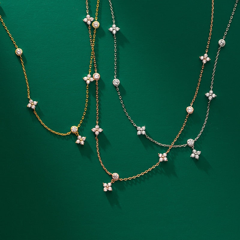 S925 Silver Summer Temperament Diamond Four Leaf Flower Necklace Retro Korean Female Clavicle Chain