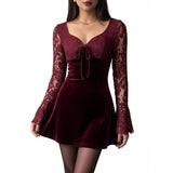 Velvet Lace Patchwork Long Sleeve Tie Waist Mini Dress