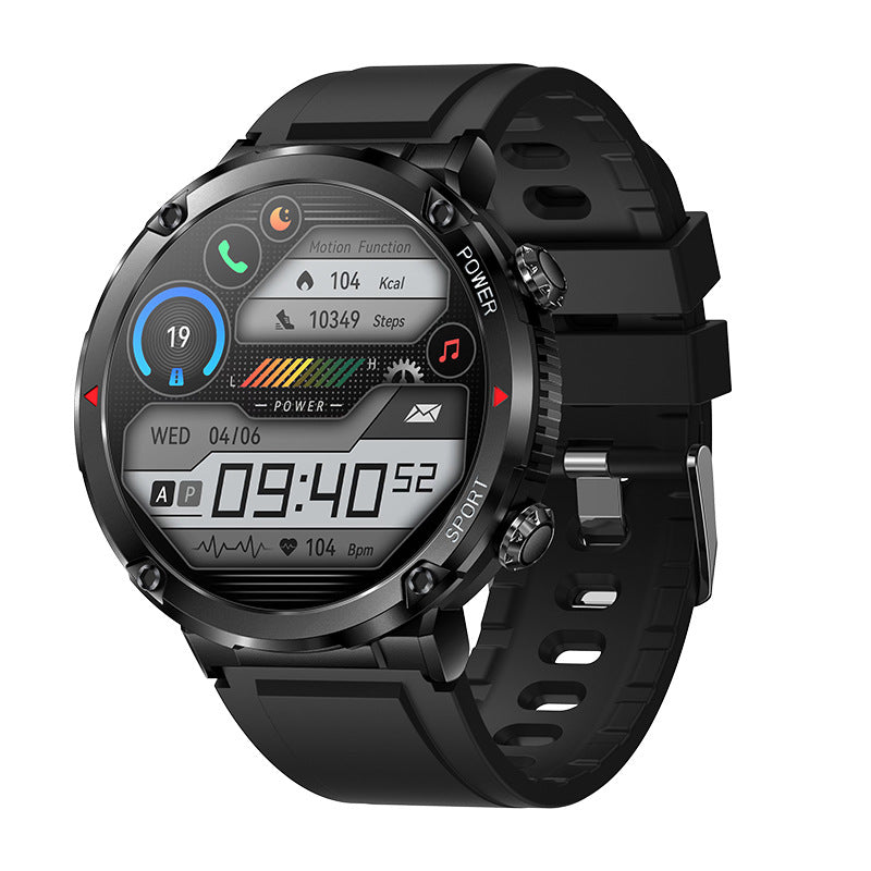 Black rugged smartwatch with a round digital display showing time, steps and heart rate, black silicone band