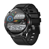 Black rugged smartwatch with a round digital display showing time, steps and heart rate, black silicone band