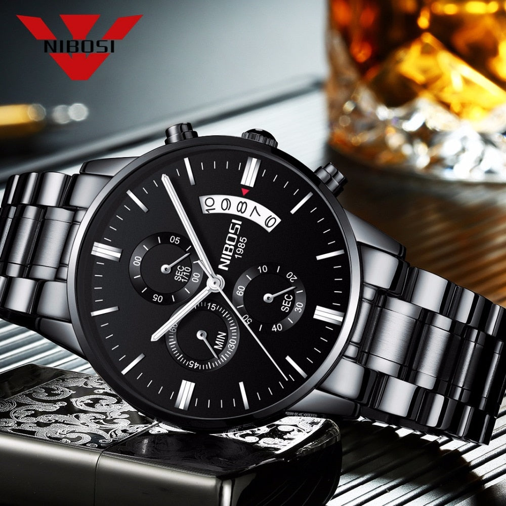 NIBOSI black chronograph watch with stainless steel bracelet