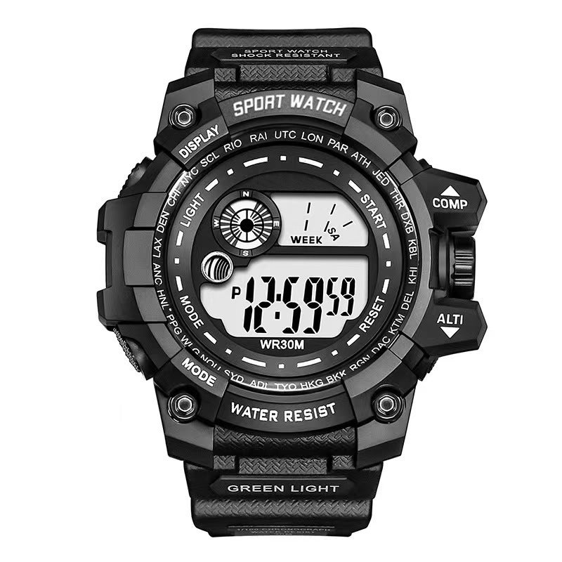 Black rugged digital watch with a glowing teal display and world time codes, shown with water droplets