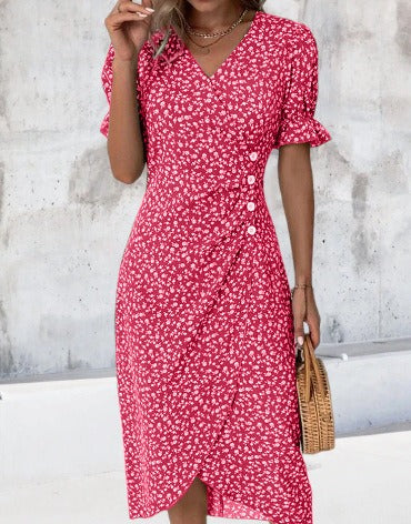 European and American Summer New Womens Vacation Leisure Flower Irregular Bottom V Neck Dress