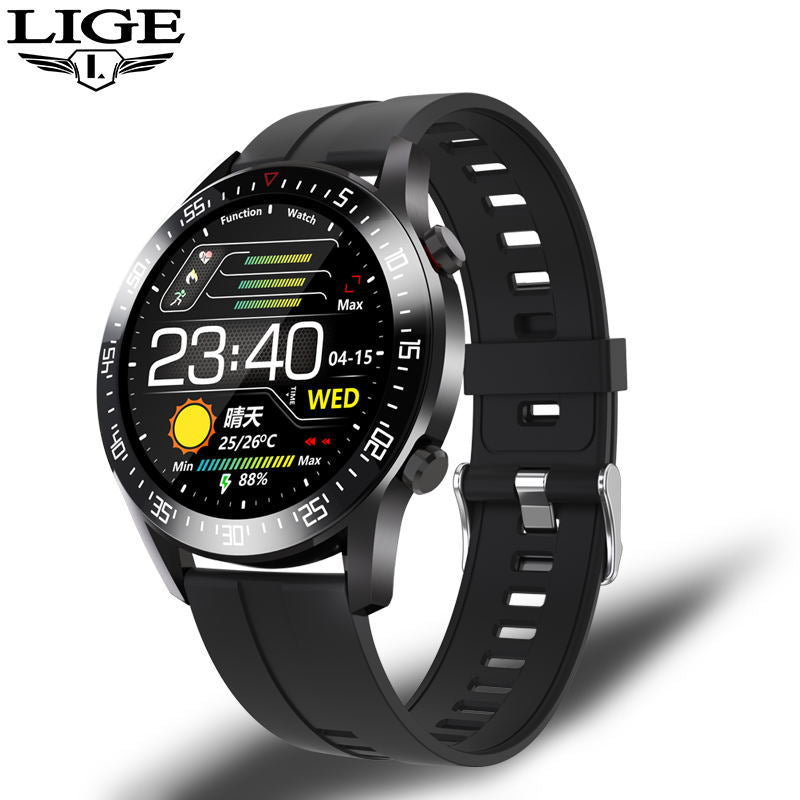 Silver round smart watch with digital time and step count display, stainless steel bracelet