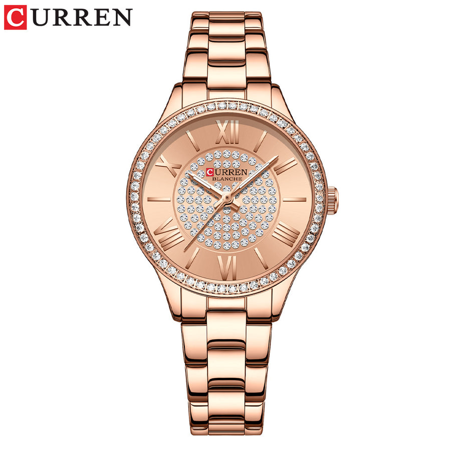 Ladies rose gold watch with crystal-set dial and stainless steel bracelet