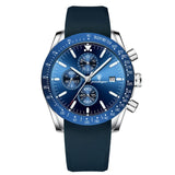 Blue chronograph watch with a tachymeter bezel, date window, and matching blue rubber strap