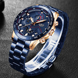 Lige men's chronograph watch, blue dial with rose gold accents, black leather strap