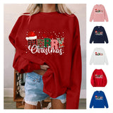 A red crewneck sweatshirt printed with Merry Christmas in patterned lettering topped with a Santa hat, shown with smaller images of other colors.